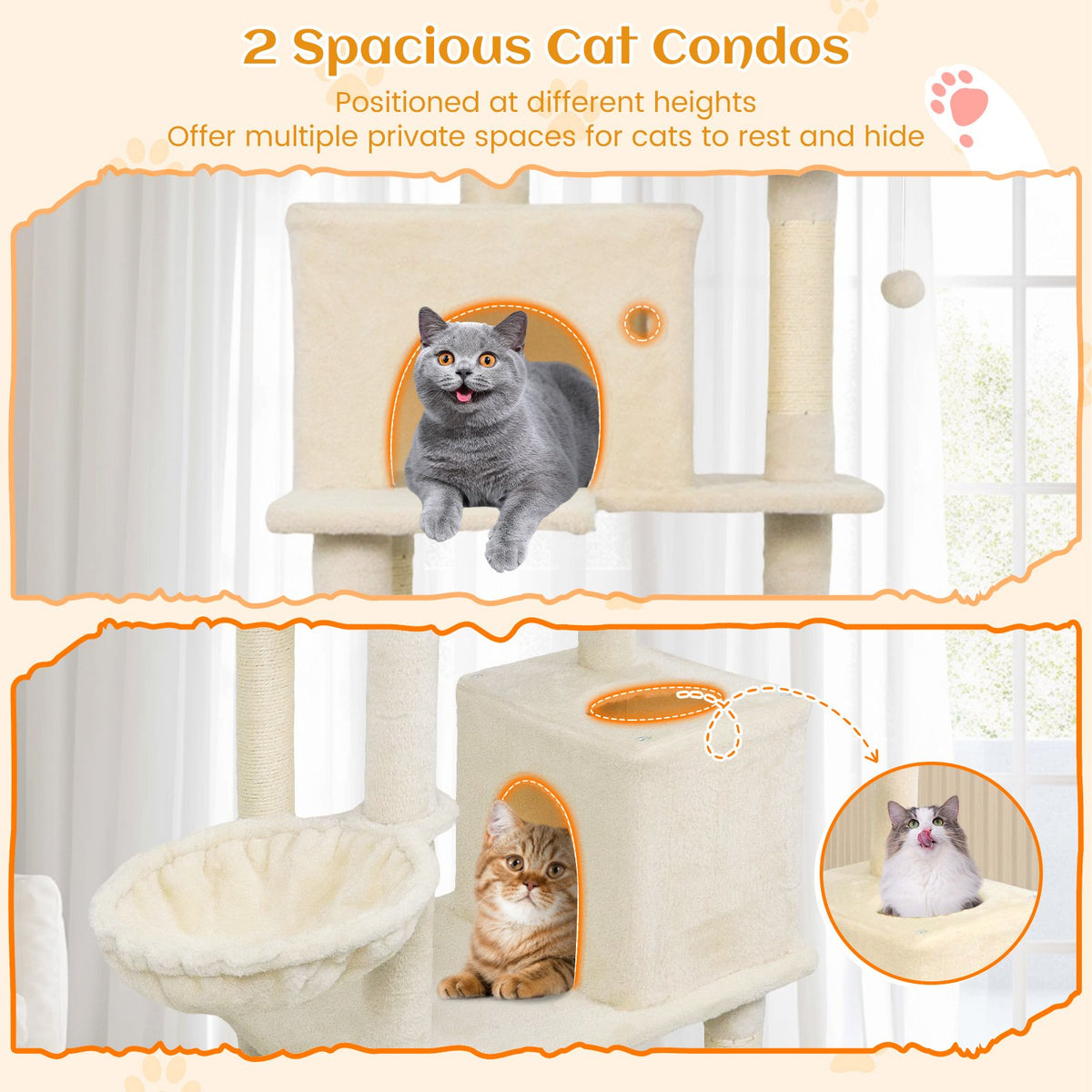 80 Inches Tall Cat Tree with 2 Large Condos and Dangling Toys-Beige view 7