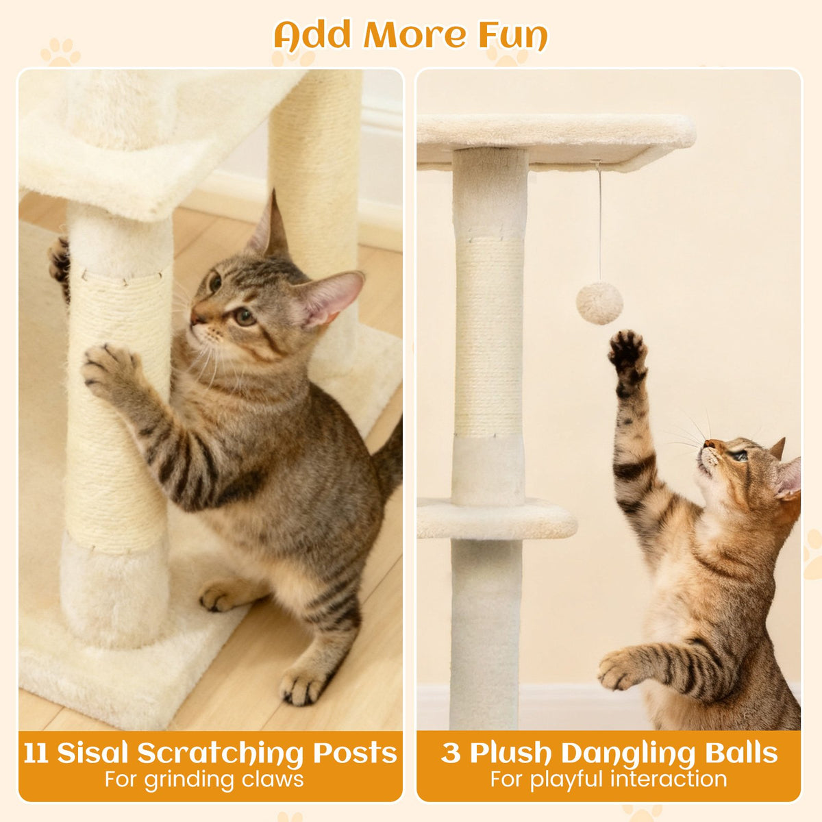 80 Inches Tall Cat Tree with 2 Large Condos and Dangling Toys-Beige view 9