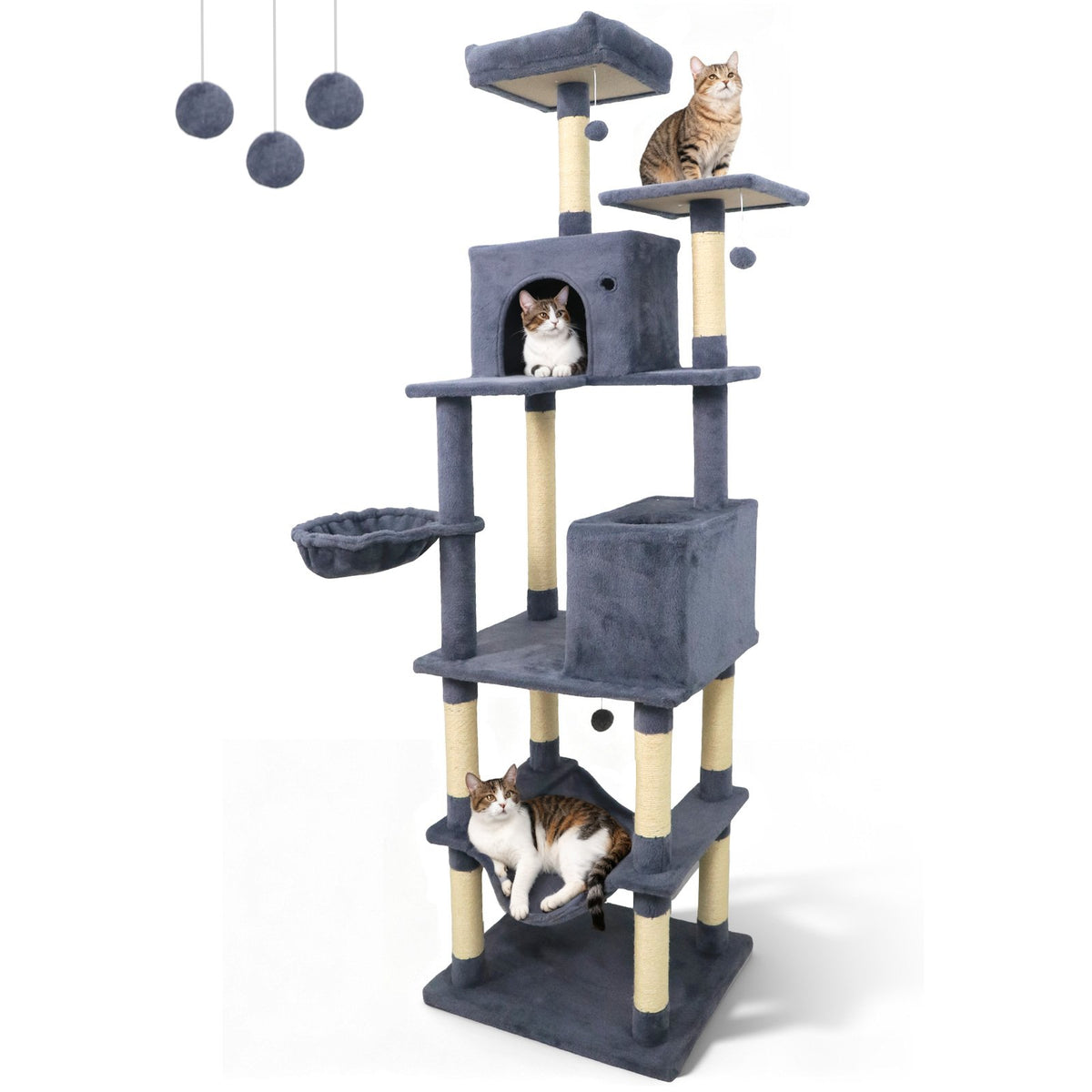80 Inches Tall Cat Tree with 2 Large Condos and Dangling Toys-Dark Gray view 4