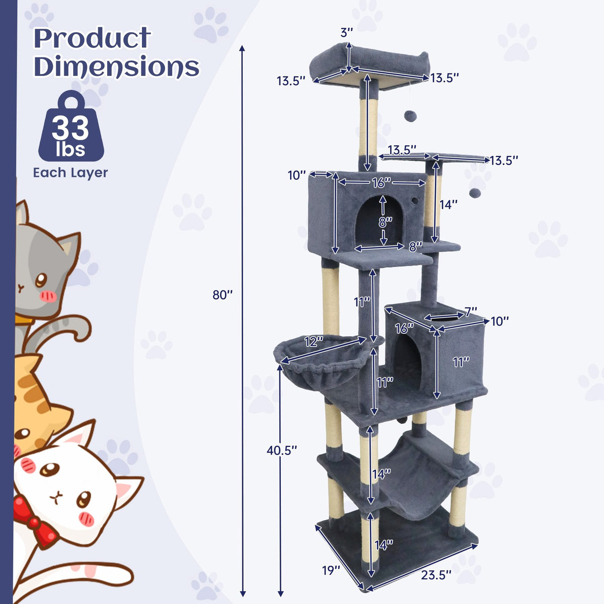 80 Inches Tall Cat Tree with 2 Large Condos and Dangling Toys-Dark Gray view 5