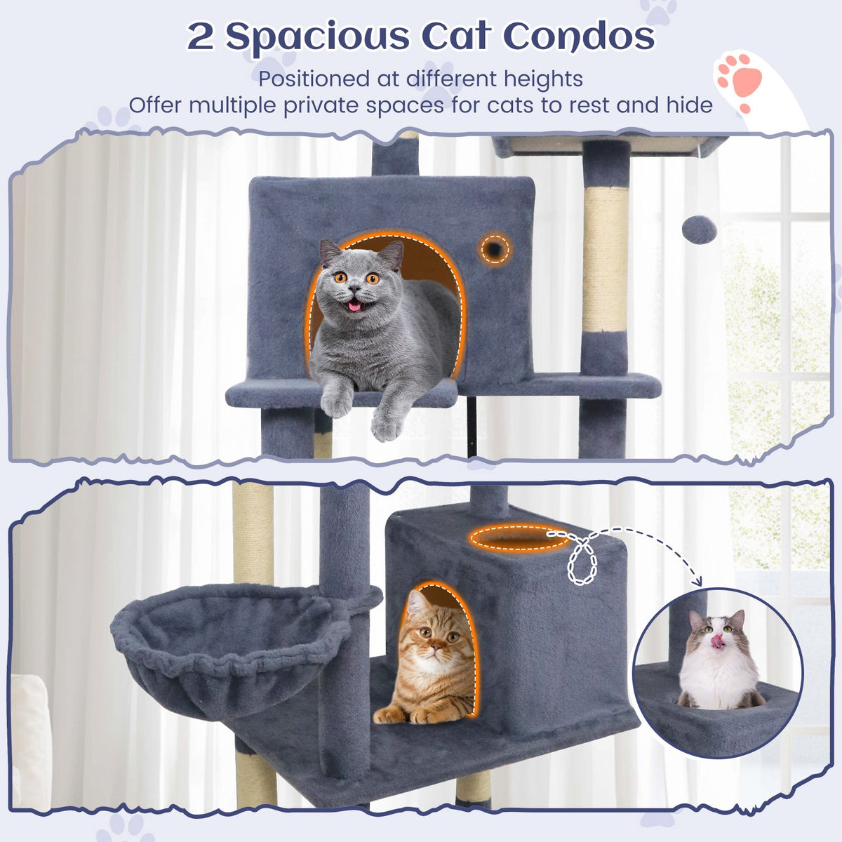 80 Inches Tall Cat Tree with 2 Large Condos and Dangling Toys-Dark Gray view 7