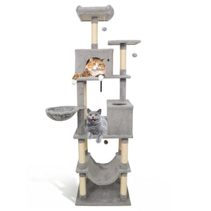 80 Inches Tall Cat Tree with 2 Large Condos and Dangling Toys-Light Gray