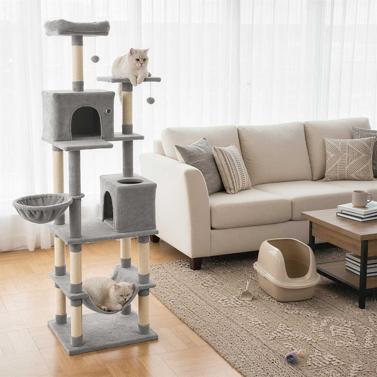 80 Inches Tall Cat Tree with 2 Large Condos and Dangling Toys-Light Gray view 2
