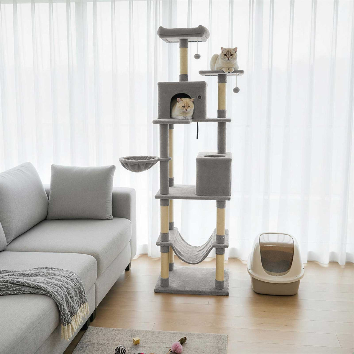 80 Inches Tall Cat Tree with 2 Large Condos and Dangling Toys-Light Gray view 3