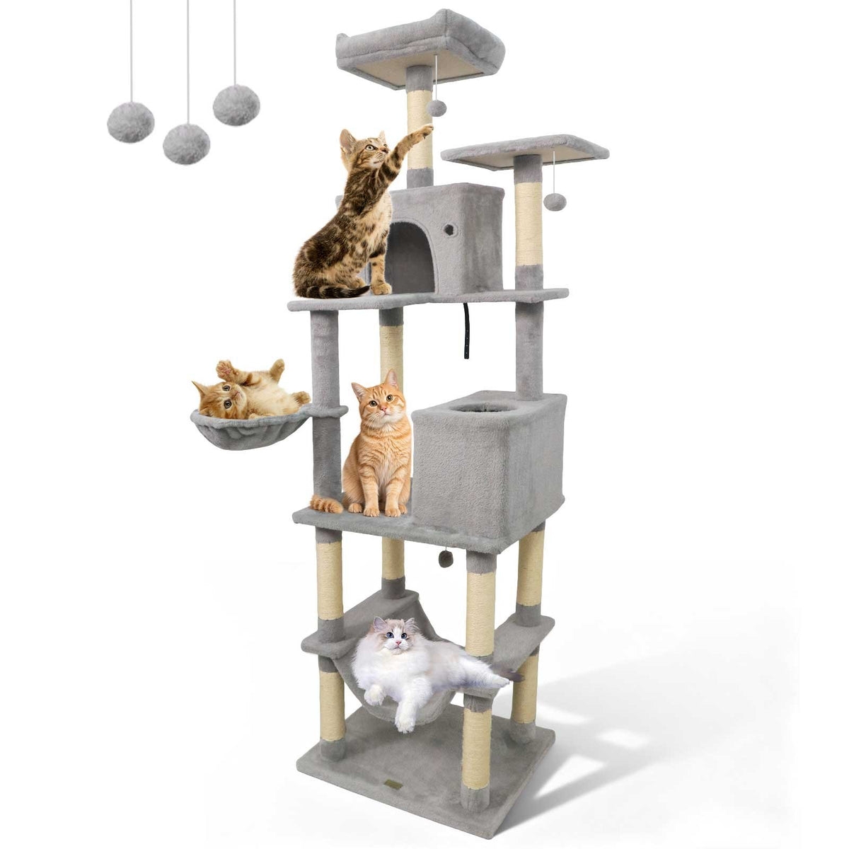 80 Inches Tall Cat Tree with 2 Large Condos and Dangling Toys-Light Gray view 4