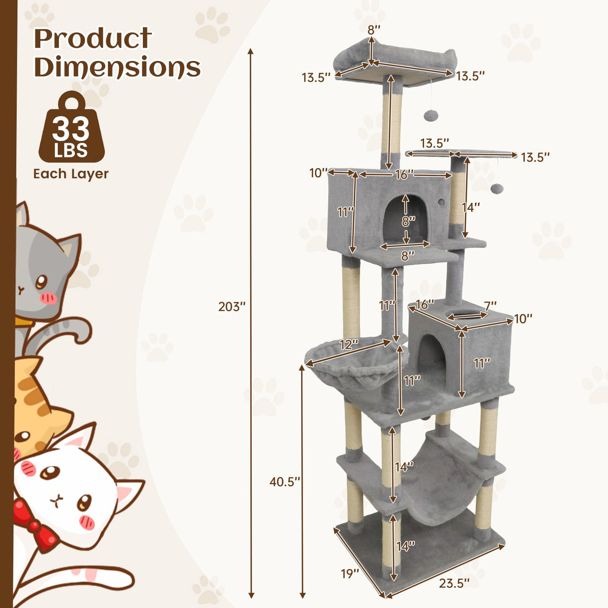 80 Inches Tall Cat Tree with 2 Large Condos and Dangling Toys-Light Gray view 5