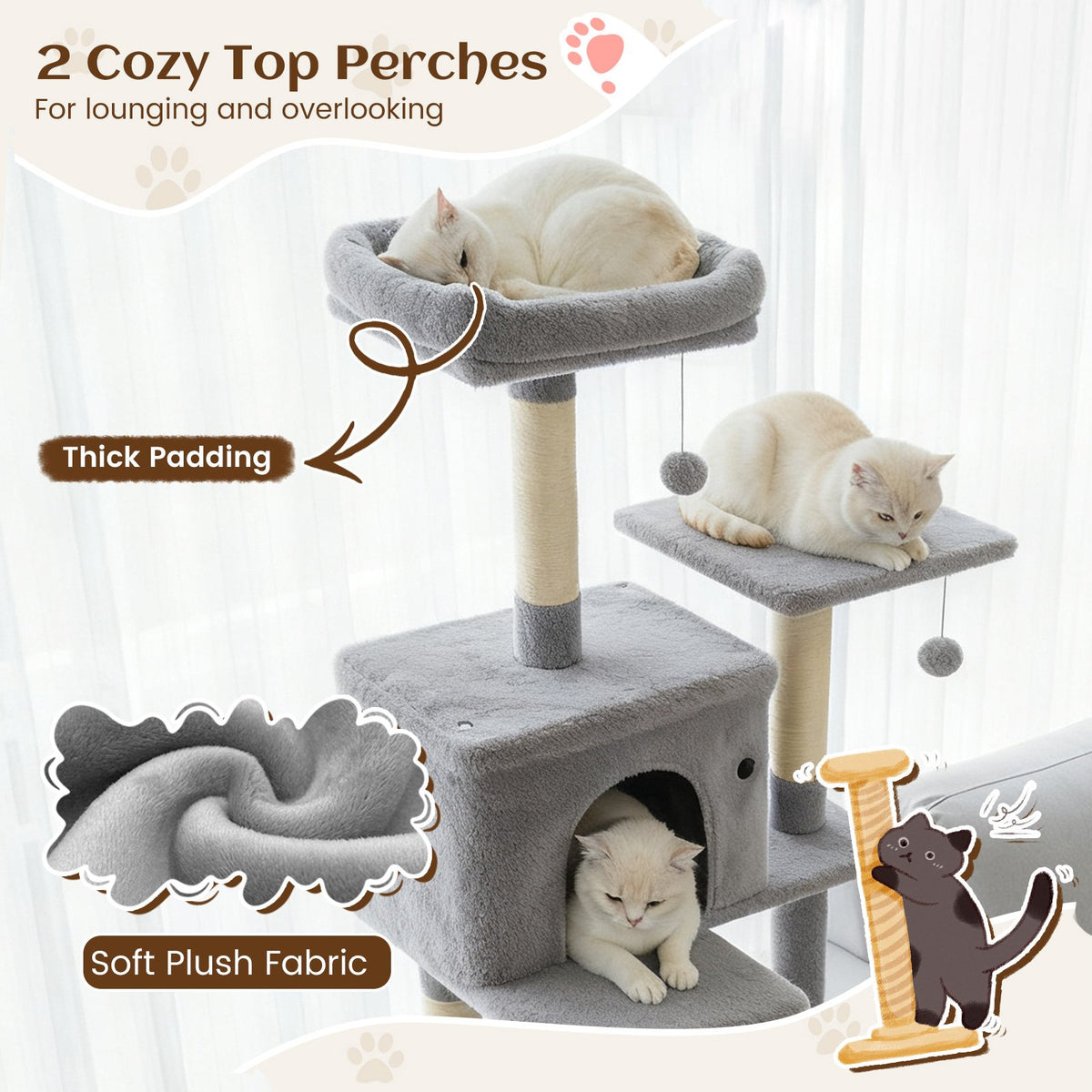 80 Inches Tall Cat Tree with 2 Large Condos and Dangling Toys-Light Gray view 6
