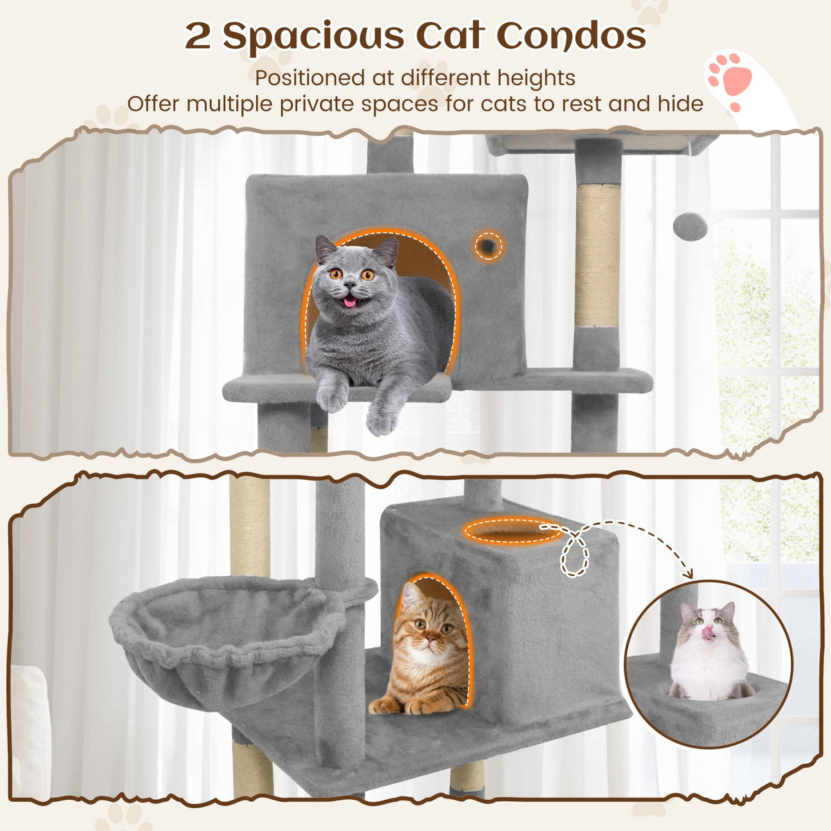 80 Inches Tall Cat Tree with 2 Large Condos and Dangling Toys-Light Gray view 7