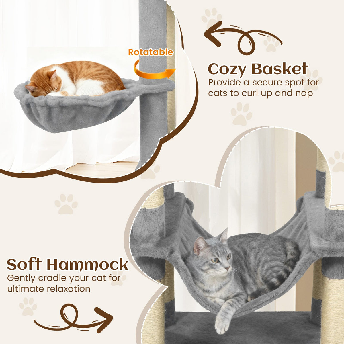 80 Inches Tall Cat Tree with 2 Large Condos and Dangling Toys-Light Gray view 8