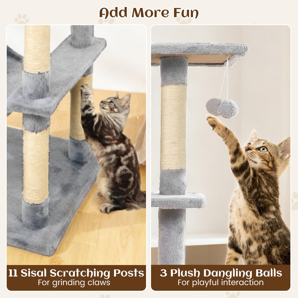 80 Inches Tall Cat Tree with 2 Large Condos and Dangling Toys-Light Gray view 9