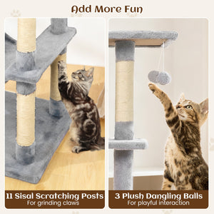80 Inches Tall Cat Tree with 2 Large Condos and Dangling Toys-Light Gray view 9