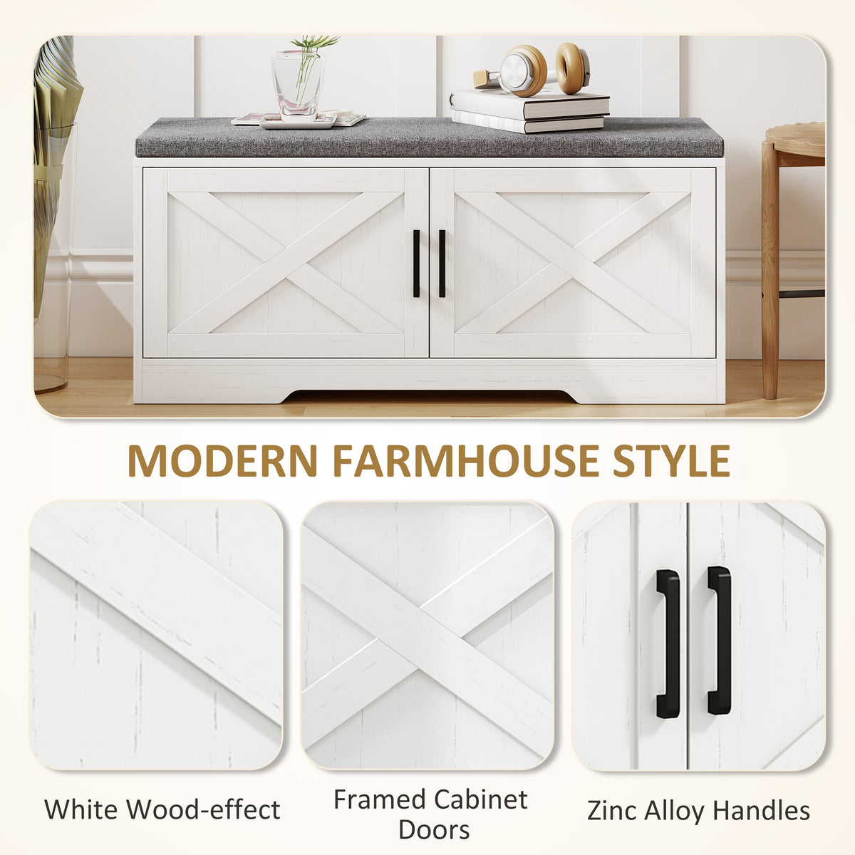 Shoe Bench with Cushion Shoe Storage Bench with Doors Adjustable Shelves for Entryway, White