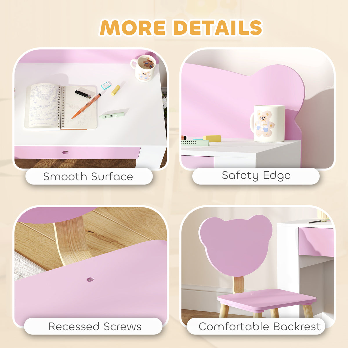 Qaba Kids Desk and Chair Set with Drawer for Drawing, Reading, Bear Theme Children Furniture for Bedroom, Daycare, Pink
