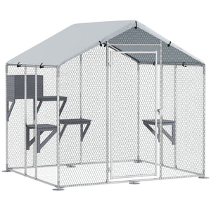 79" Extra Large Metal Outdoor Catio with Waterproof Cover, Resting Box, 4 Platforms, for Multiple Rabbits, Chicken