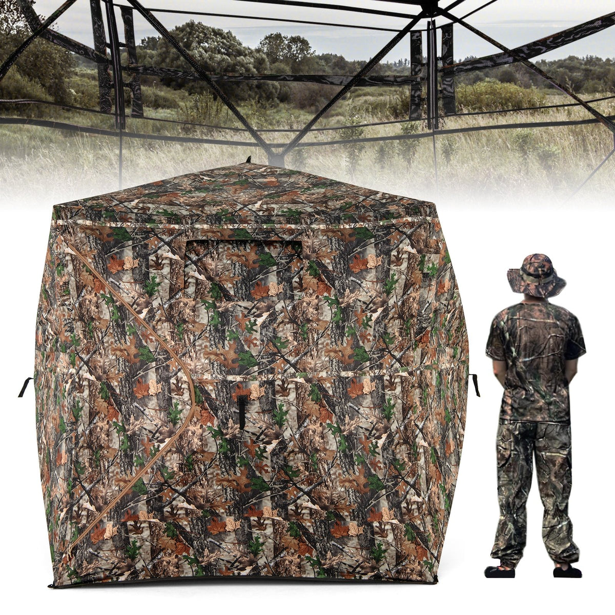82 Inch Tall Hunting Blind 270° One Way See Through Ground Tent for 3-4 People view 3