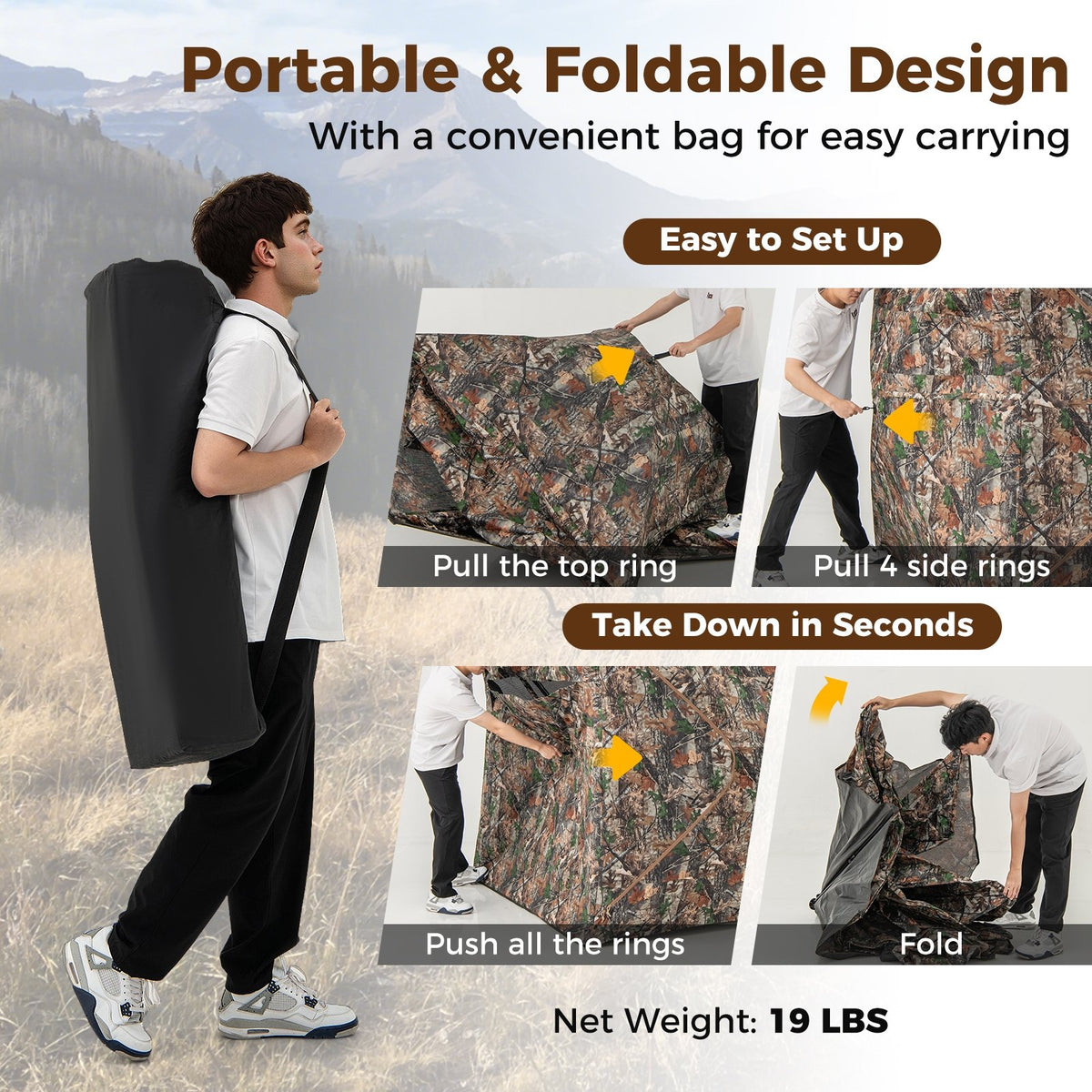 82 Inch Tall Hunting Blind 270° One Way See Through Ground Tent for 3-4 People view 7