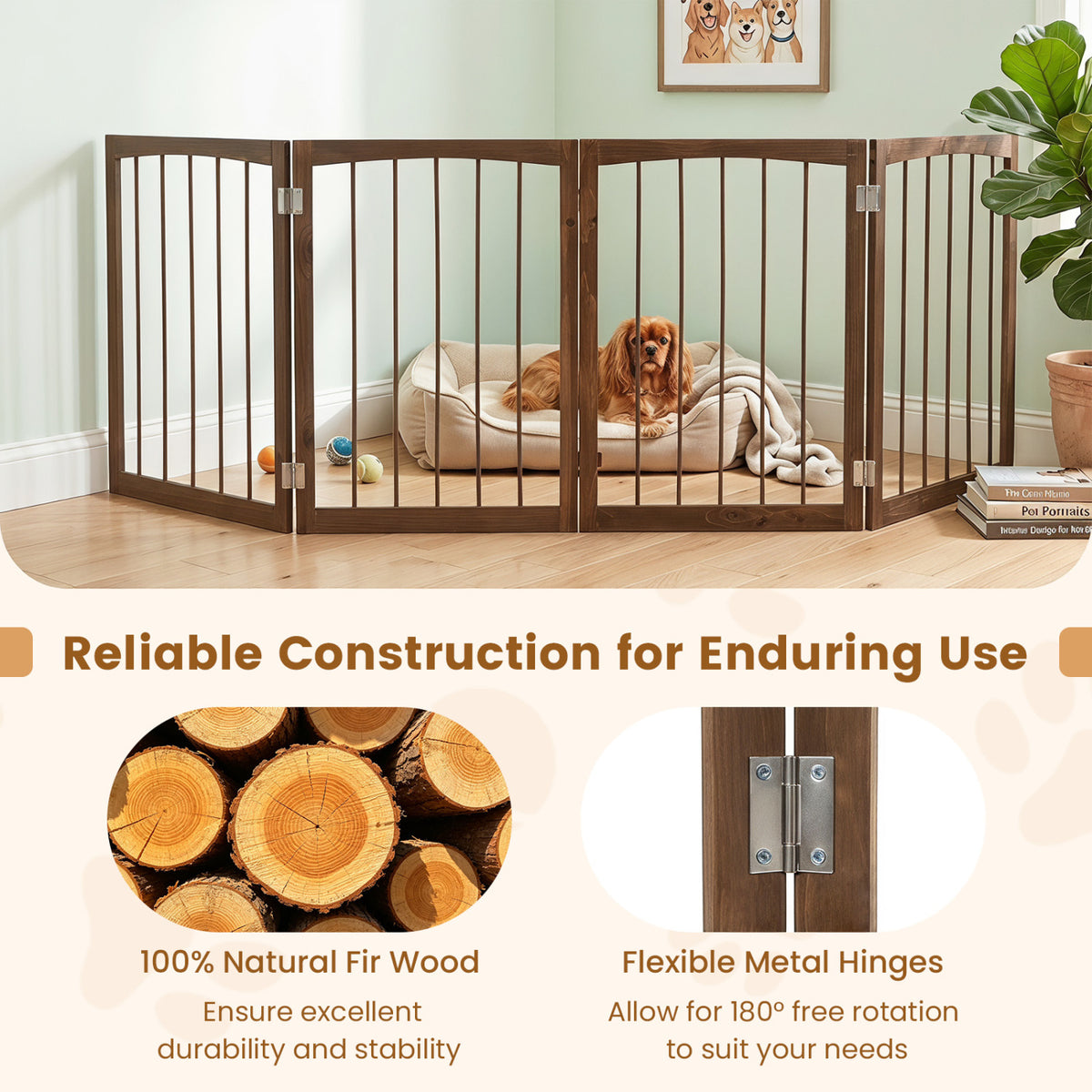83 inch L x 30 inch H Dog Gate 4-Panel Wooden Pet Fence for Indoor-Brown view 7
