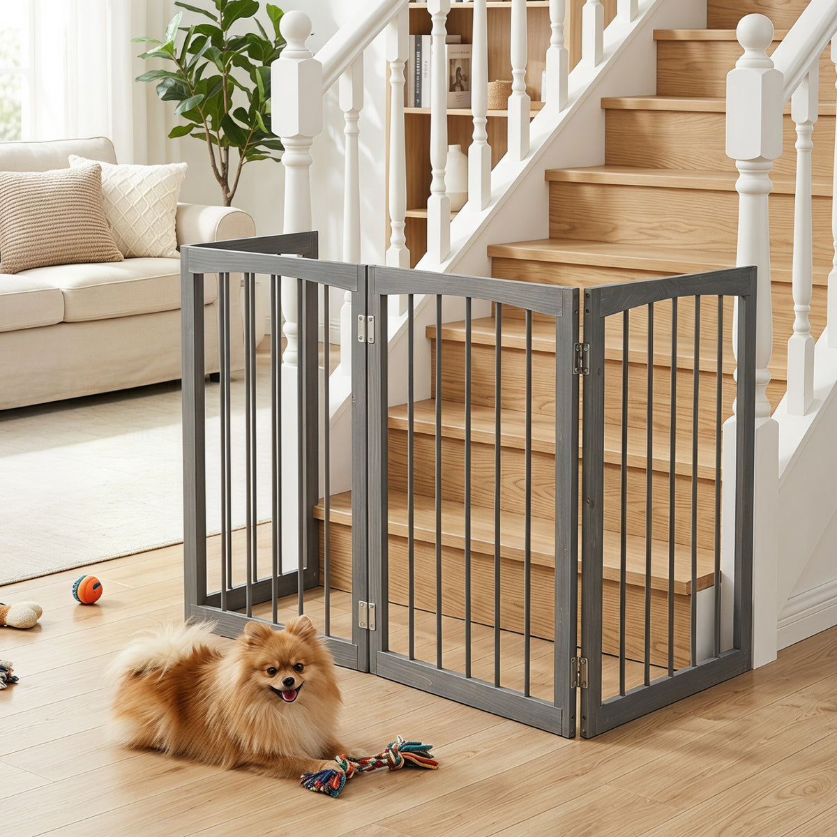 83 inch L x 30 inch H Dog Gate 4-Panel Wooden Pet Fence for Indoor-Gray view 3