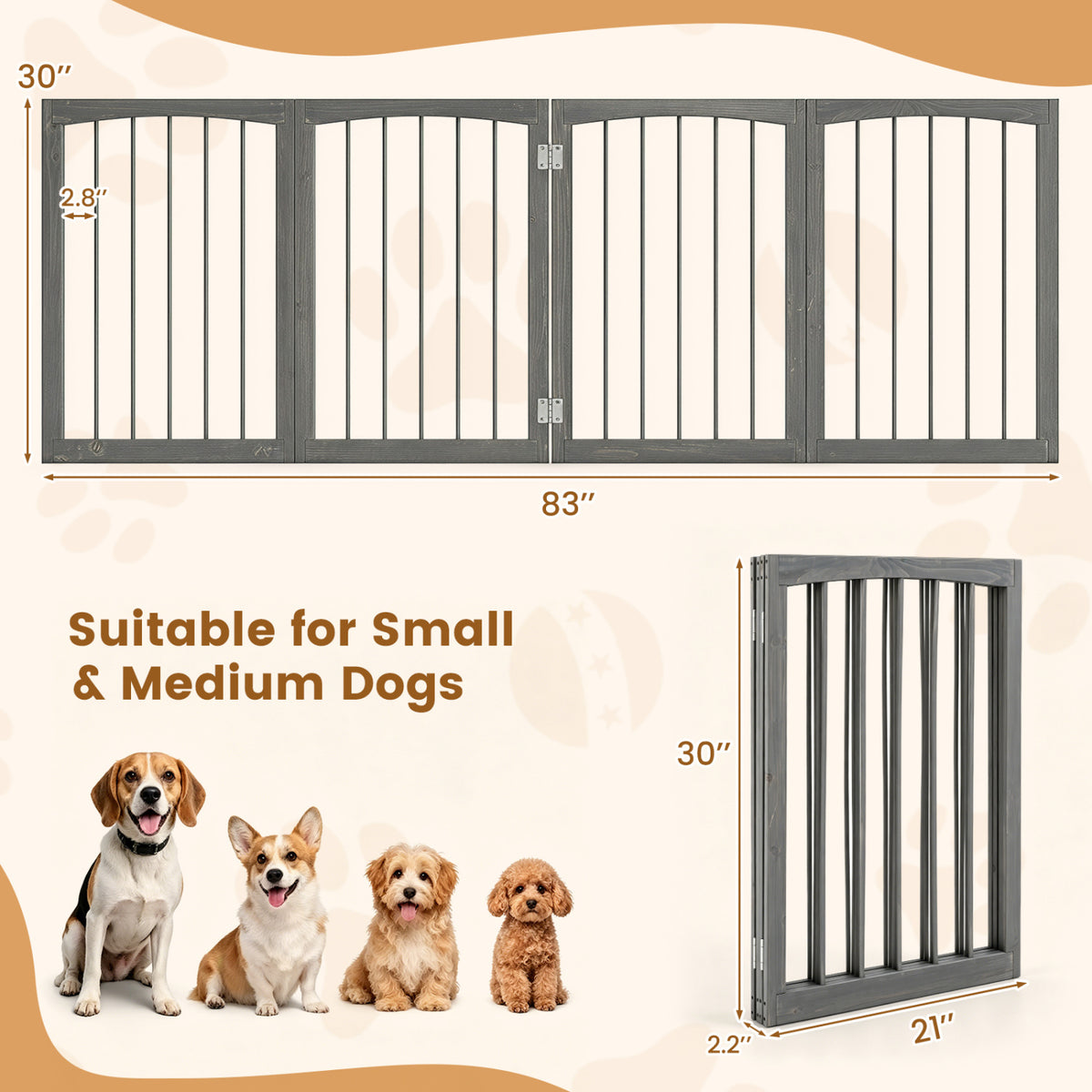 83 inch L x 30 inch H Dog Gate 4-Panel Wooden Pet Fence for Indoor-Gray view 5