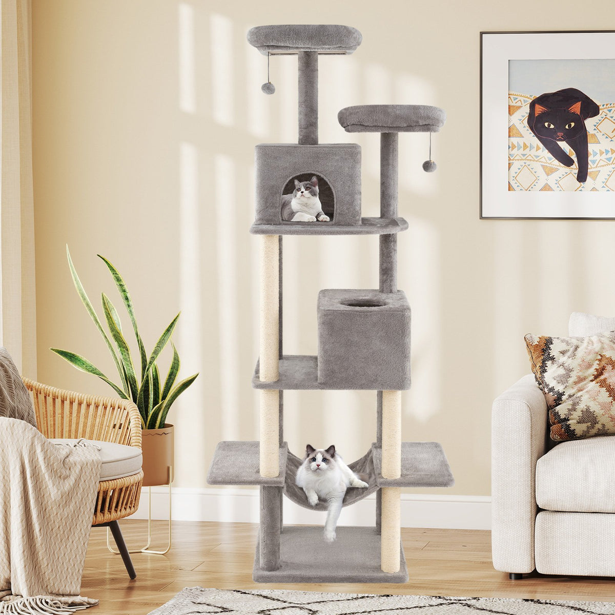 84 Inch Large Cat Tree with 2 Condos and 2 Soft Plush Perches for Indoor Cats-Gray view 3