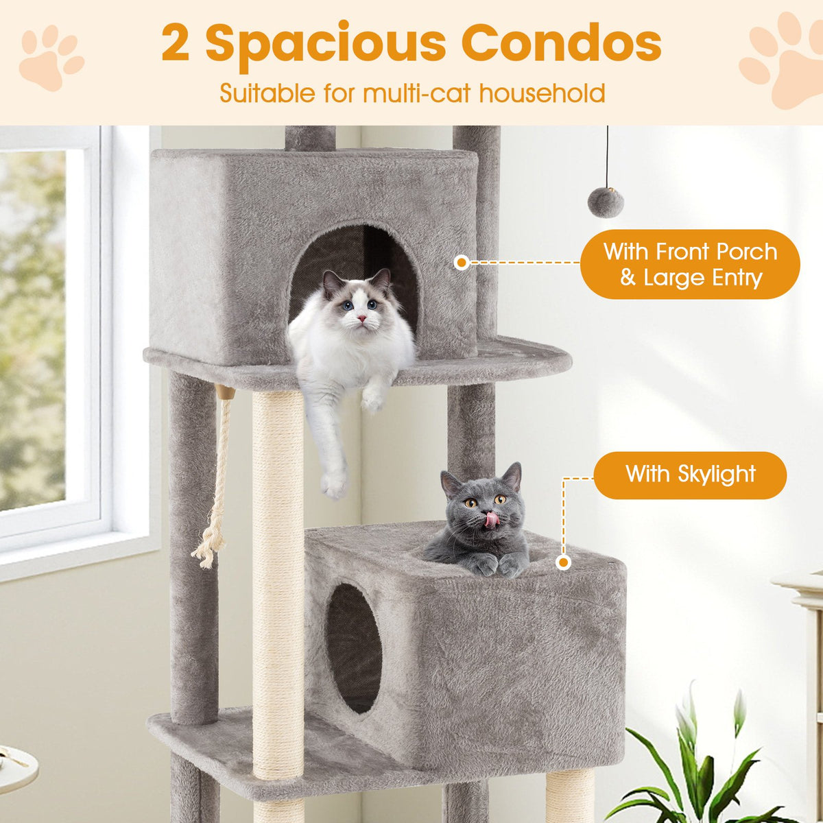 84 Inch Large Cat Tree with 2 Condos and 2 Soft Plush Perches for Indoor Cats-Gray view 8