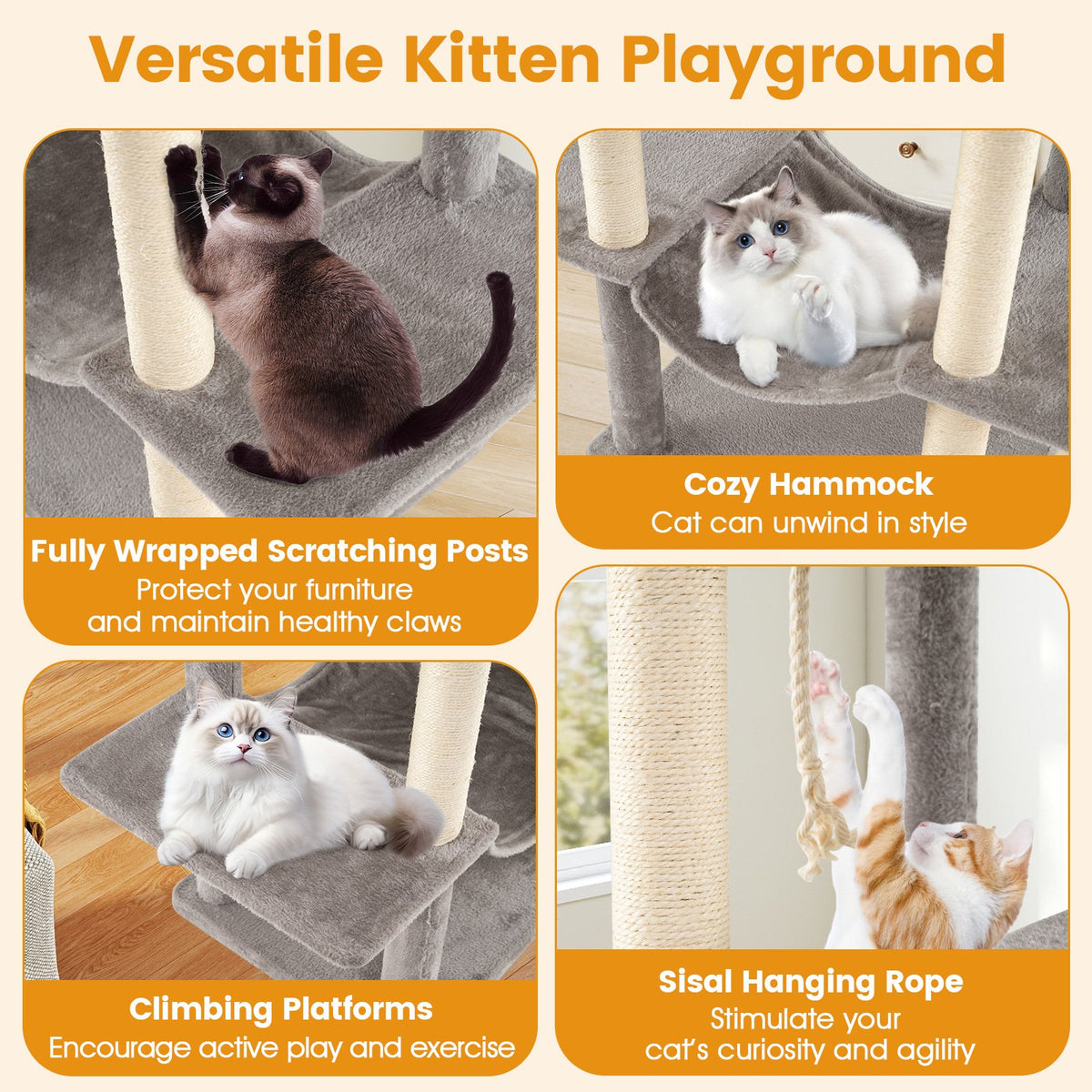 84 Inch Large Cat Tree with 2 Condos and 2 Soft Plush Perches for Indoor Cats-Gray view 9