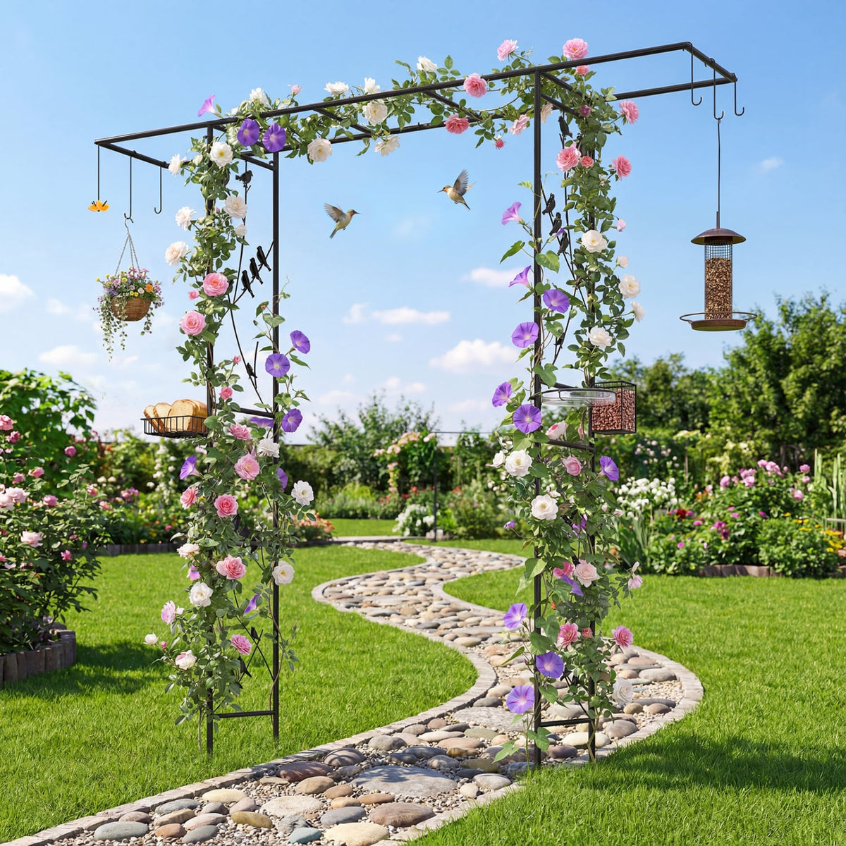 84 Inch Garden Arbor Feeding Station with Water Bowl and Mesh Tray-Black view 2