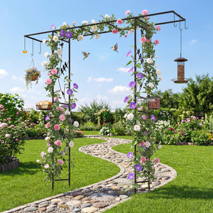 84 Inch Garden Arbor Feeding Station with Water Bowl and Mesh Tray-Black view 2