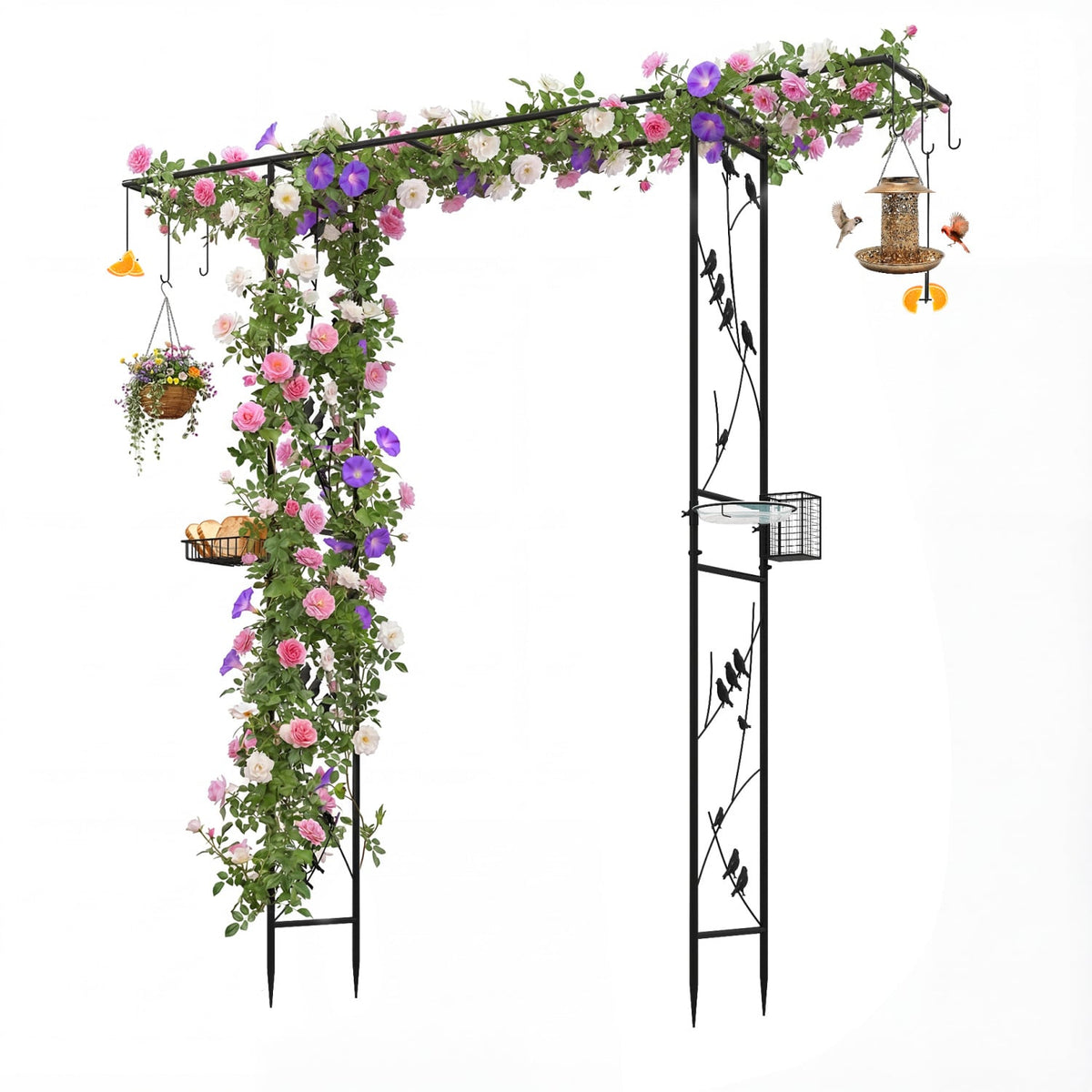 84 Inch Garden Arbor Feeding Station with Water Bowl and Mesh Tray-Black