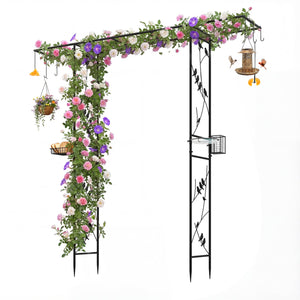 84 Inch Garden Arbor Feeding Station with Water Bowl and Mesh Tray-Black