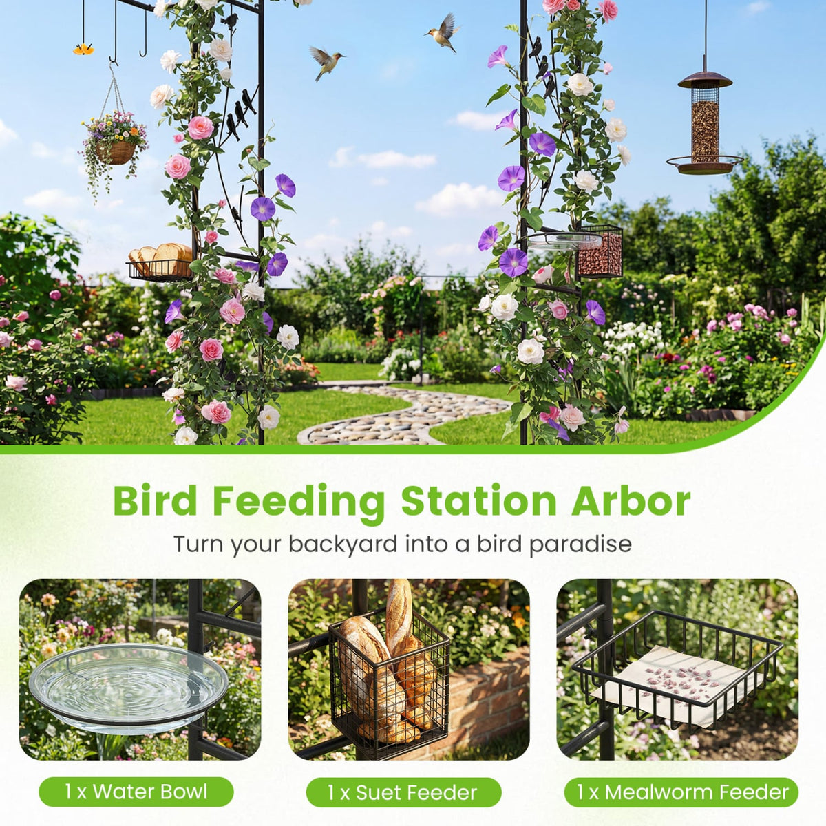 84 Inch Garden Arbor Feeding Station with Water Bowl and Mesh Tray-Black view 7