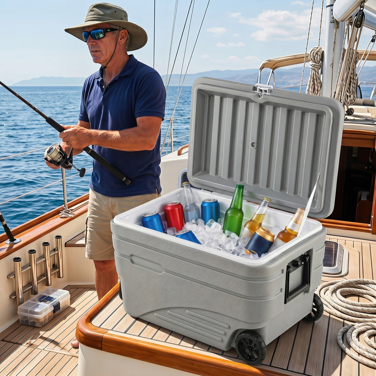 84 Quart Portable Wheeled Ice Cooler with Foldable Pull-Gray view 2