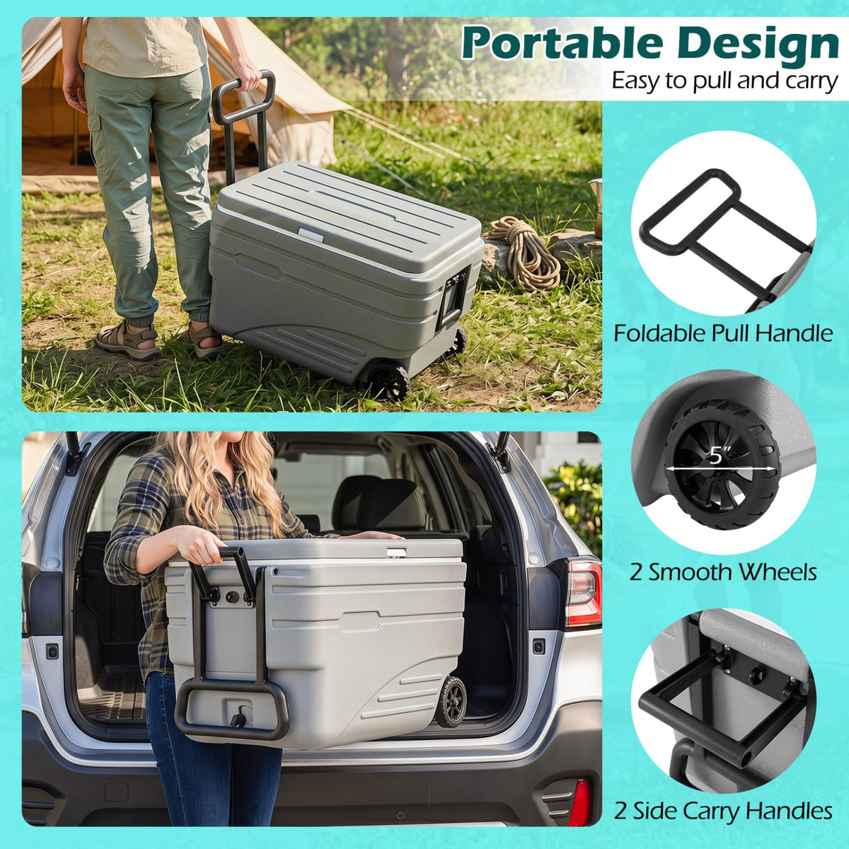 84 Quart Portable Wheeled Ice Cooler with Foldable Pull-Gray view 9