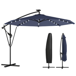 9.7ft Solar LED Cantilever Patio Umbrella with 32 LED Lights, Cross Base, Crank Handle, for Poolside, Deck
