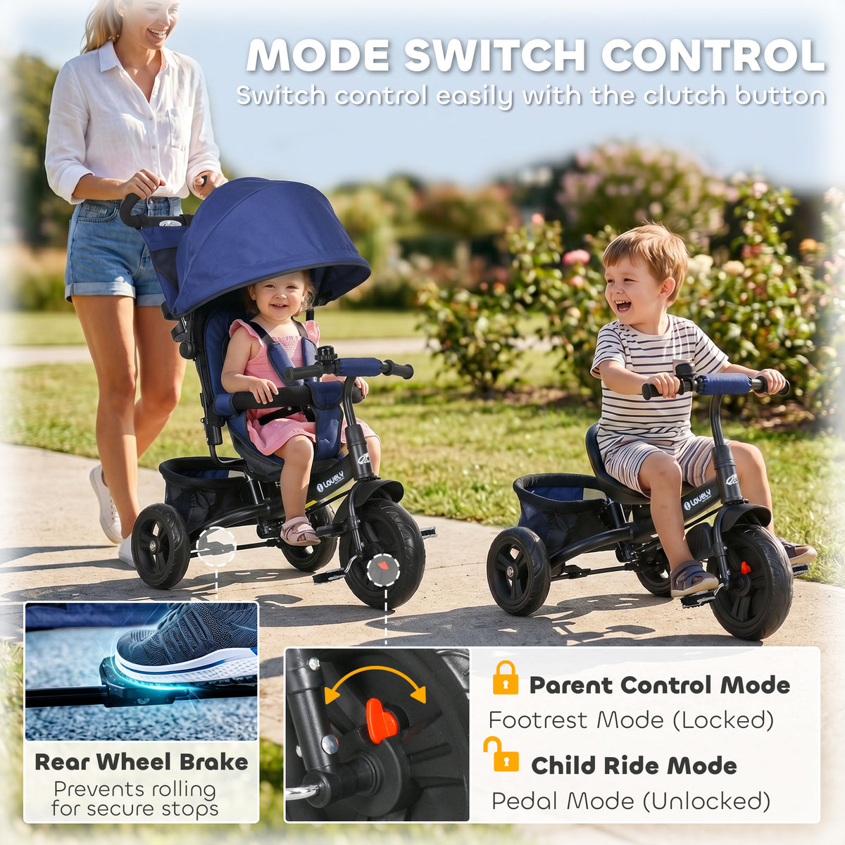 Qaba 6 in 1 Tricycle for Toddler 1-5 Years with Parent-Push Handle, Dark