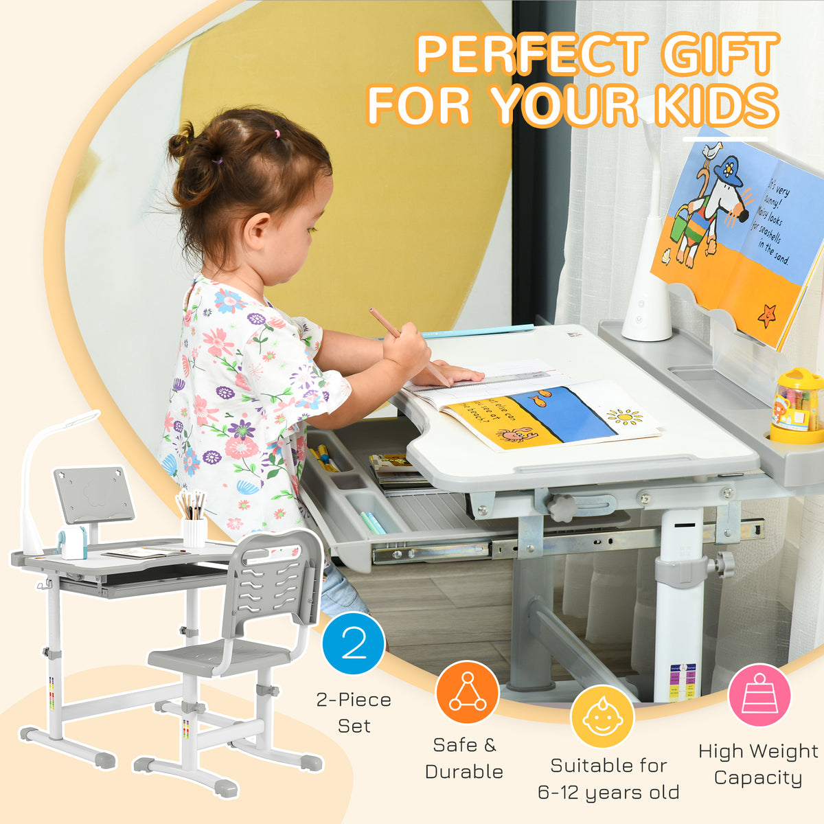 Qaba Kids Desk and Chair Set Height Adjustable Student Writing Desk Children School Study Table with Tilt Desktop