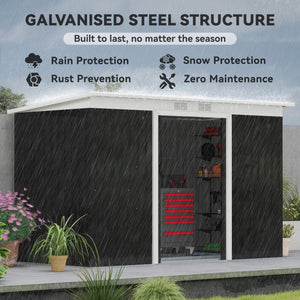 9x4 Outdoor Storage Shed Galvanized Steel Garden Shed with Foundation Kit, Ventilation & Doors, Dark Grey