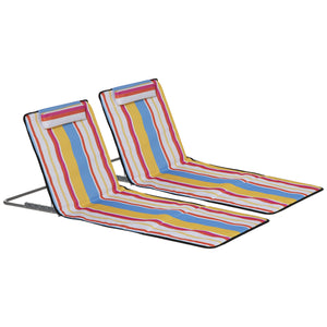 Set of 2 Beach Lounge Chair Sun Lounger, Folding Ground Beach Mat w/ Adjustable Back, Steel Frame, Head Pillow and Carry Bag for Backyard Lakeside, Red and White