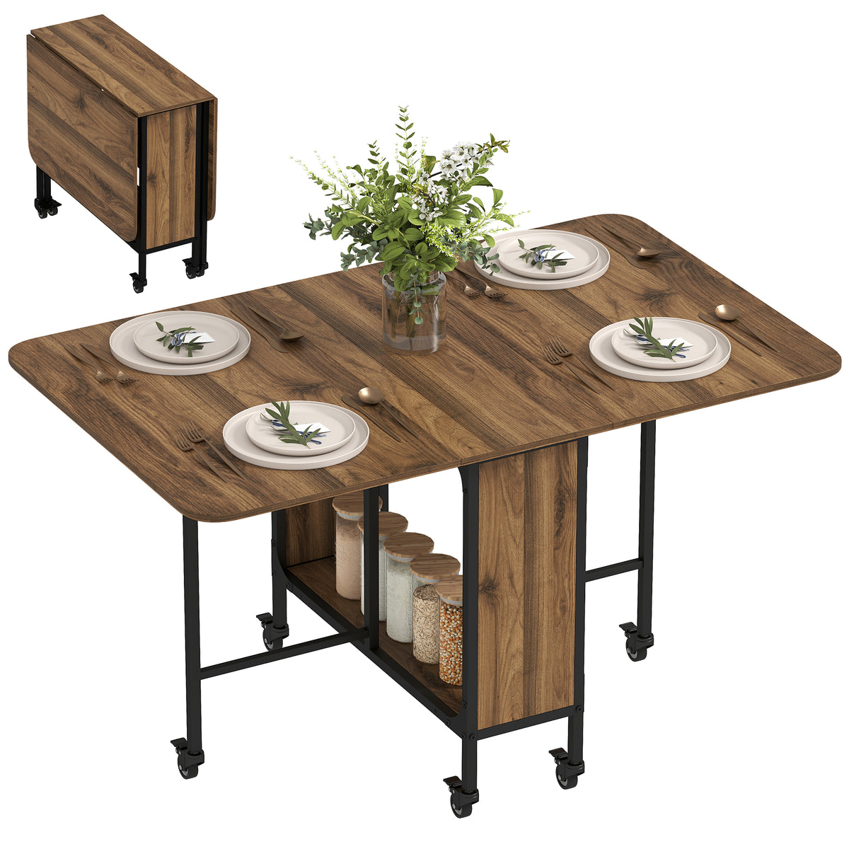 Folding Dining Table, Extendable Kitchen Table for Small Spaces with Storage Shelf and 6 Wheels – view 8