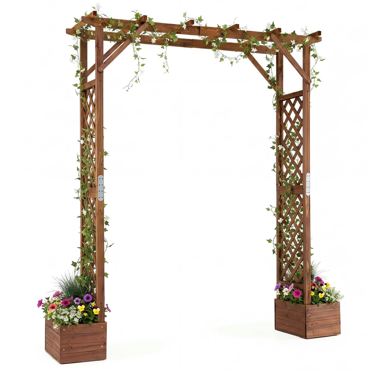 87in Tall Wooden Garden Arbor with Planter Boxes and Hanging Roof for Climbing Plants-Orange view 4
