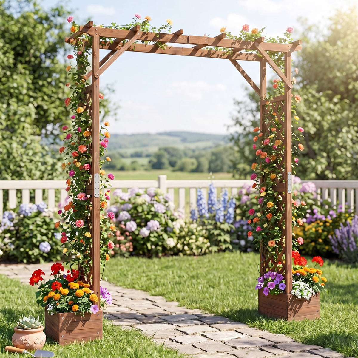 87in Tall Wooden Garden Arbor with Planter Boxes and Hanging Roof for Climbing Plants-Orange view 2