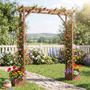 87in Tall Wooden Garden Arbor with Planter Boxes and Hanging Roof for Climbing Plants-Orange view 2