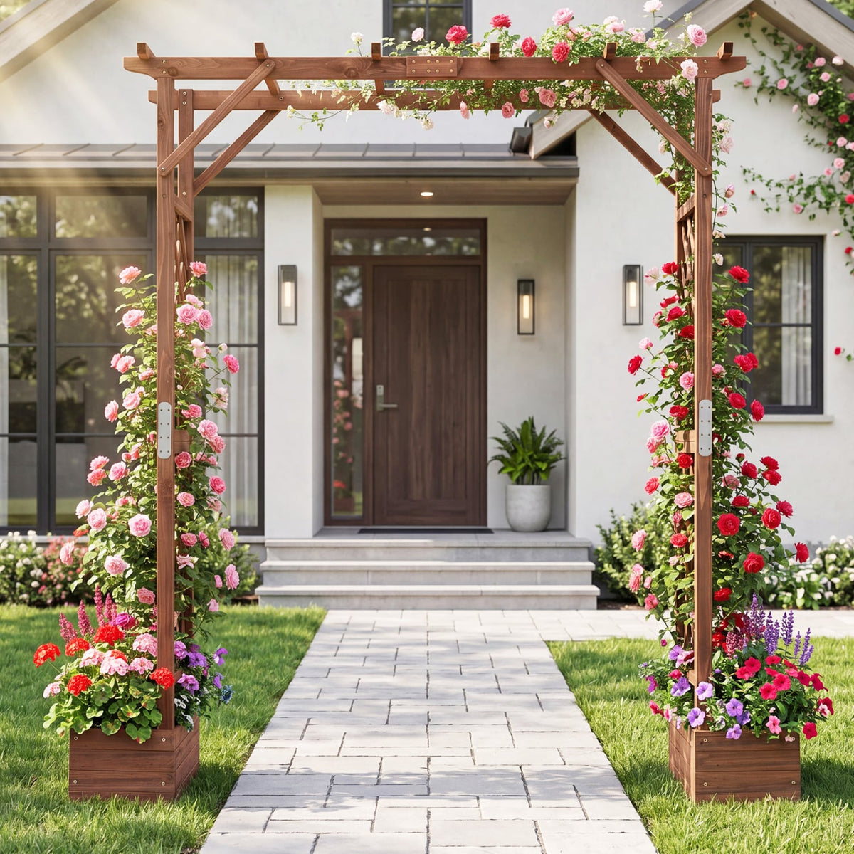 87in Tall Wooden Garden Arbor with Planter Boxes and Hanging Roof for Climbing Plants-Orange view 6