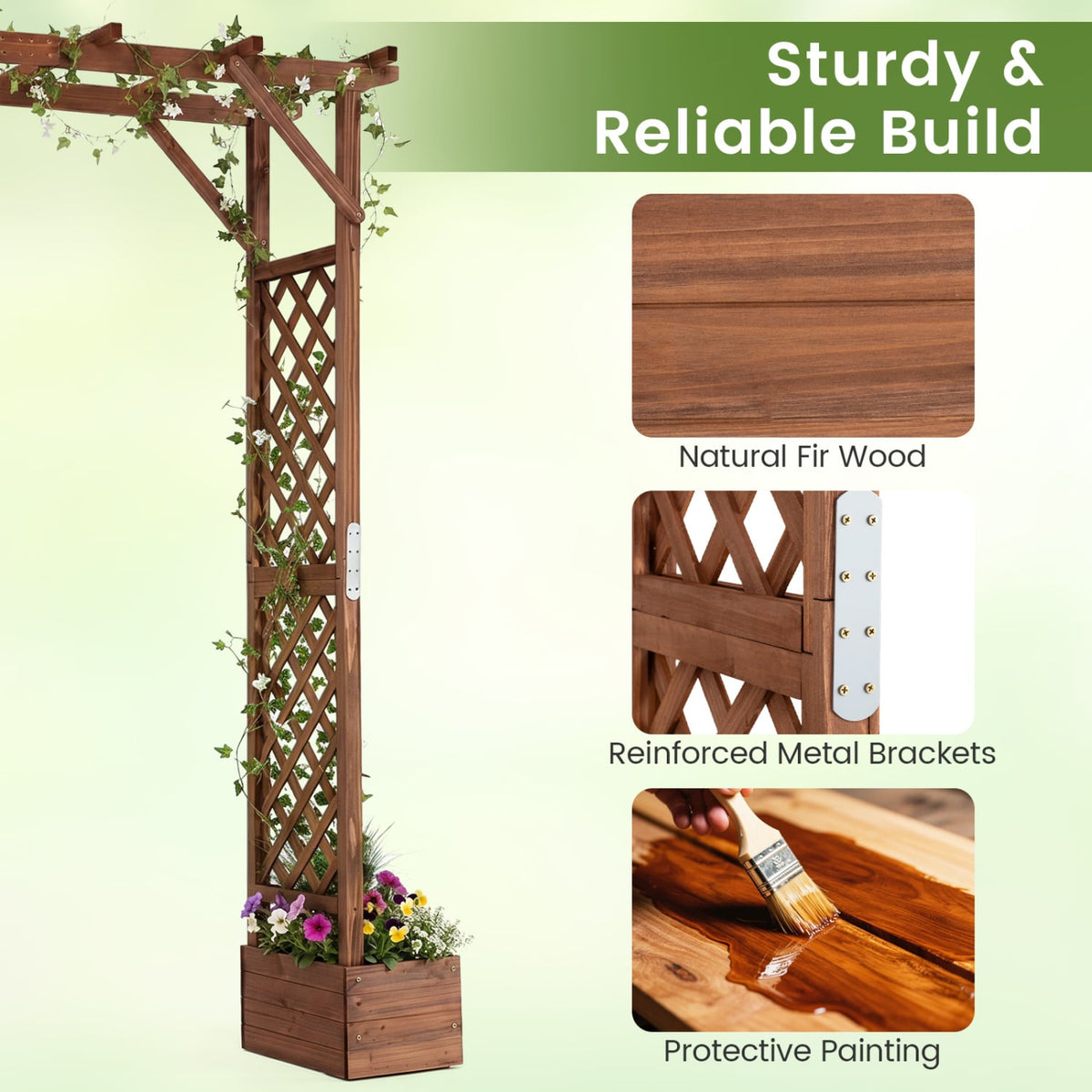87in Tall Wooden Garden Arbor with Planter Boxes and Hanging Roof for Climbing Plants-Orange view 7