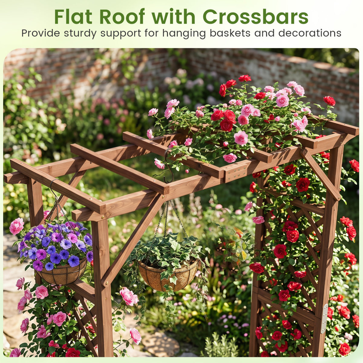 87in Tall Wooden Garden Arbor with Planter Boxes and Hanging Roof for Climbing Plants-Orange view 8