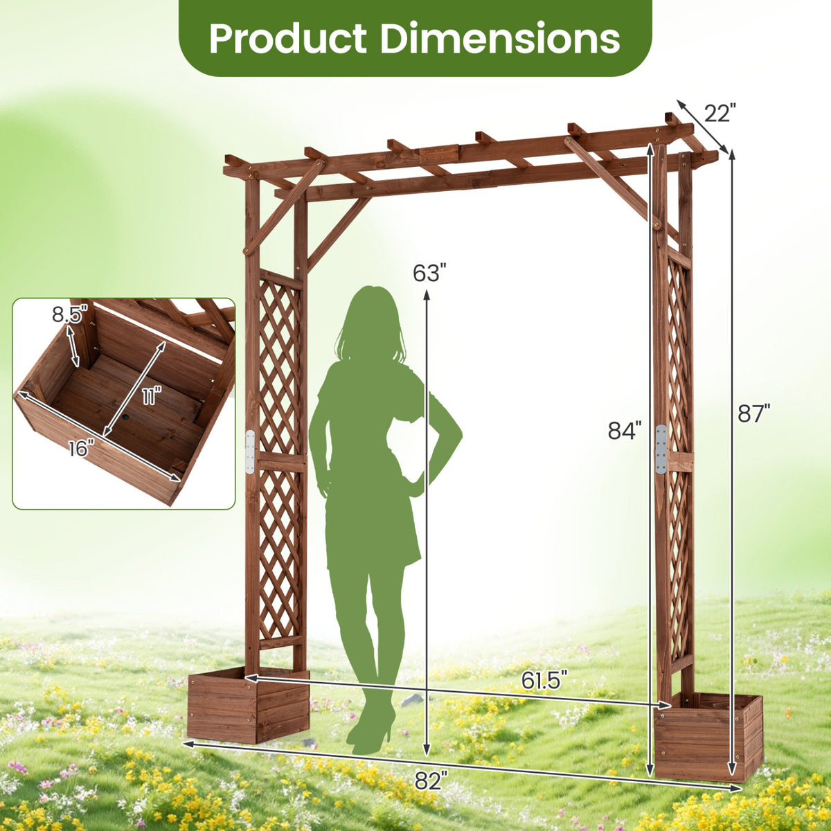 87in Tall Wooden Garden Arbor with Planter Boxes and Hanging Roof for Climbing Plants-Orange view 5