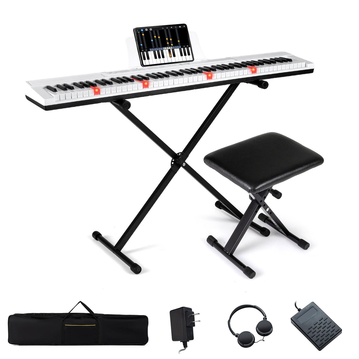 88-Key Electric Piano Keyboard with Adjustable Stand and, Portable Bag-White