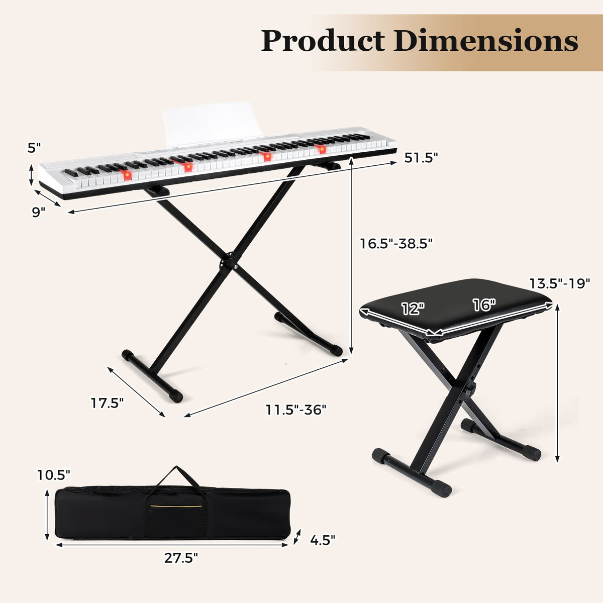 88-Key Electric Piano Keyboard with Adjustable Stand and, Portable Bag-White view 4