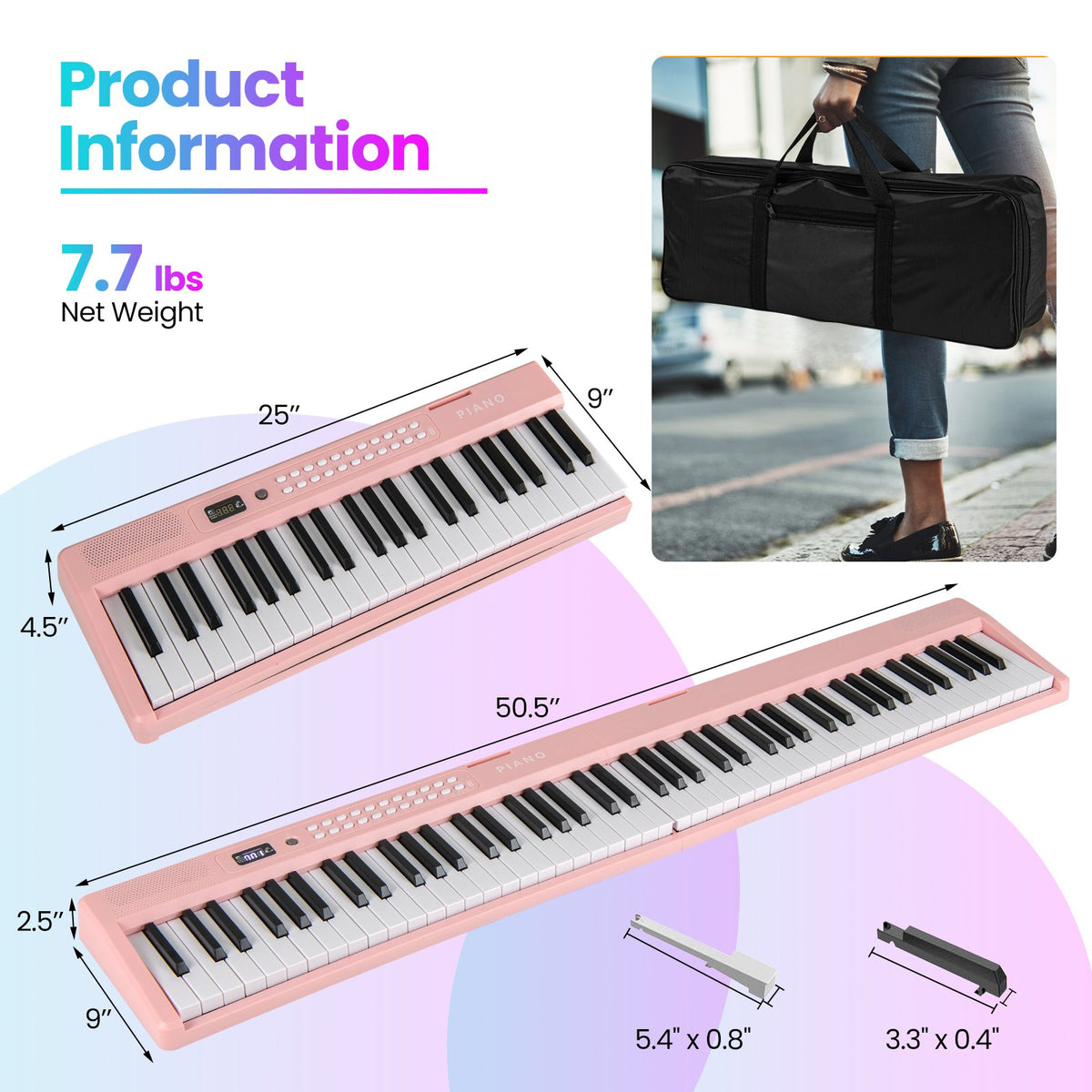 88 Key Foldable Electric Keyboard Piano with Wireless MIDI and Dual Speakers-Pink view 4