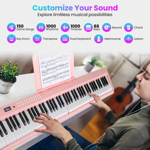 88 Key Foldable Electric Keyboard Piano with Wireless MIDI and Dual Speakers-Pink view 6